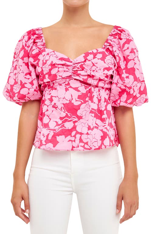 Shop Free The Roses Floral Bow Back Puff Sleeve Blouse In Red/pink