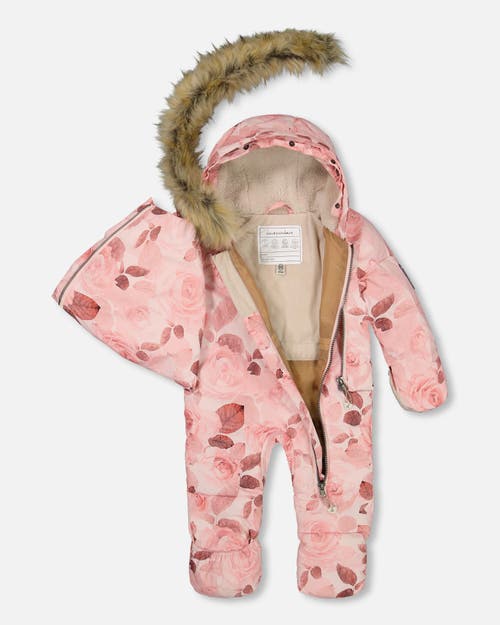 Shop Deux Par Deux Baby Girl's One Piece Baby Hooded Snowsuit Printed Roses Designed For Car Seat In Printed Tonal Roses