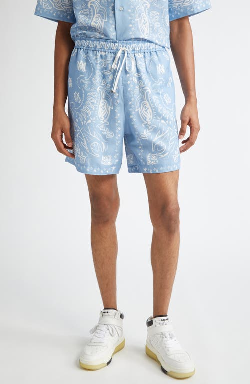 Shop Amiri Watercolor Bandana Linen & Cotton Shorts In Cerulean