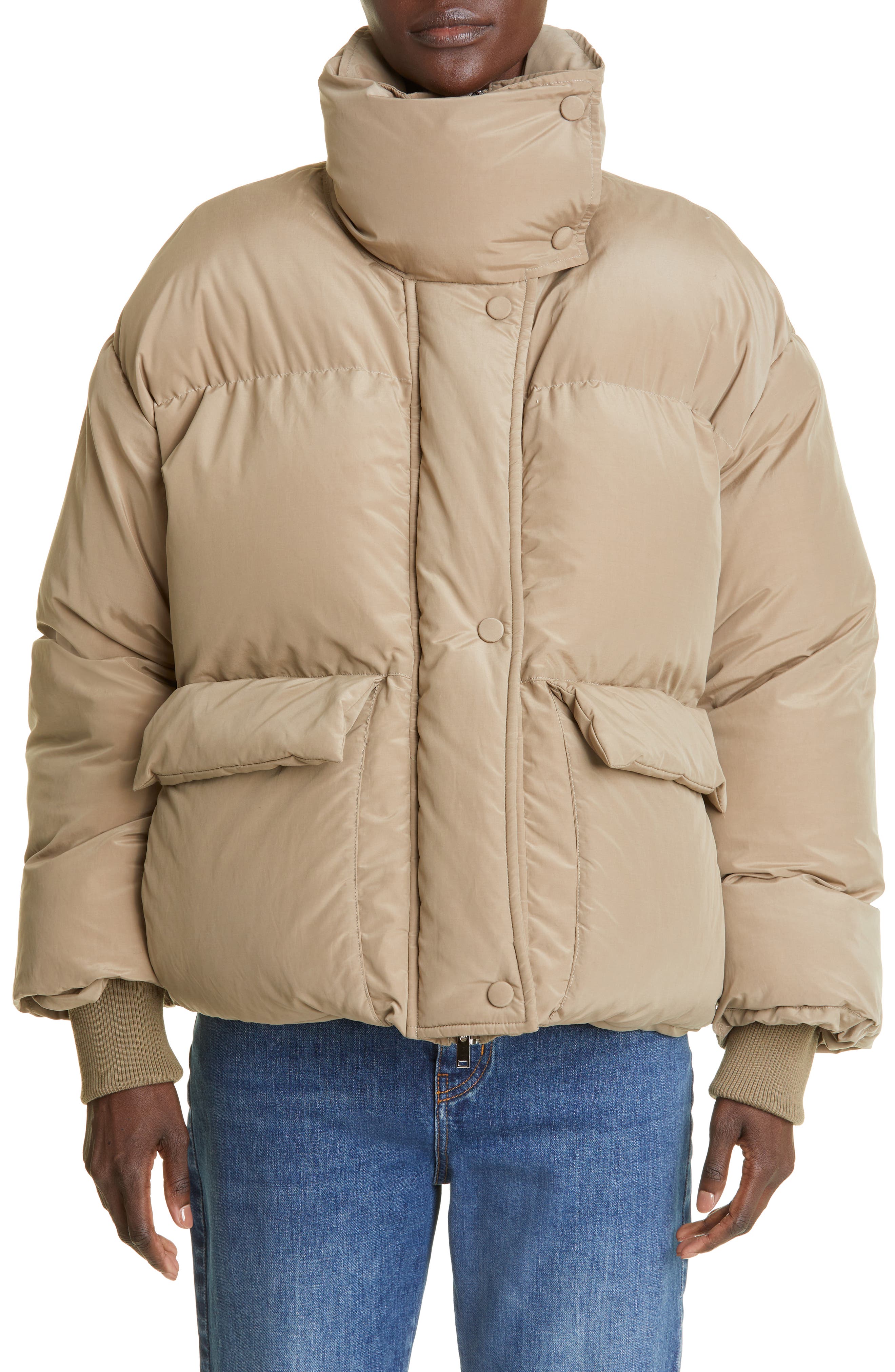 long beige puffer coat