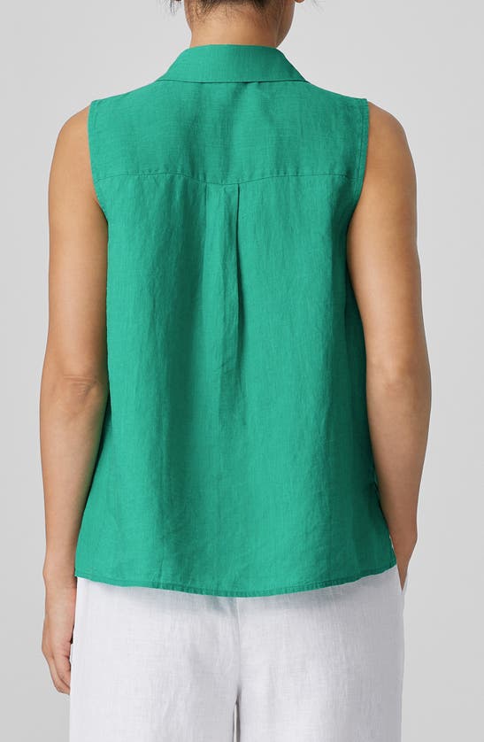 Shop Eileen Fisher Classic Sleeveless Organic Linen Button-up Shirt In Sea Star