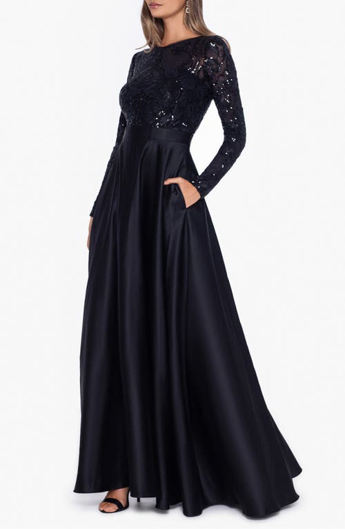 Betsy & Adam Sequin Long Sleeve Ballgown In Blue