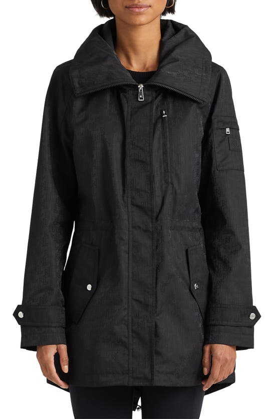 Lauren Ralph Lauren Monogram Jacquard Hooded Raincoat In Black
