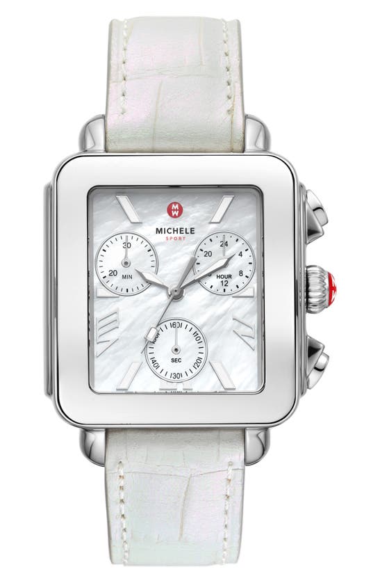 Shop Michele Deco Sport Chronograph Leather Strap Watch, 36mm In White