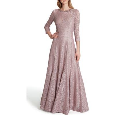 Tahari Beaded Neck Stretch Lace Trumpet Gown, Pink