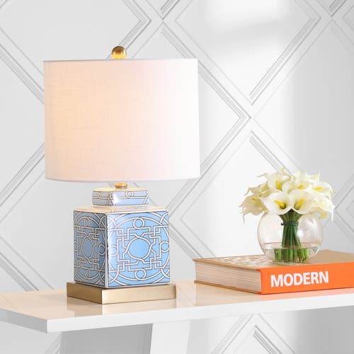 Jonathan Y Catherine Modern Transitional Ceramic/metal Square Ginger Jar Led Table Lamp In Blue/white