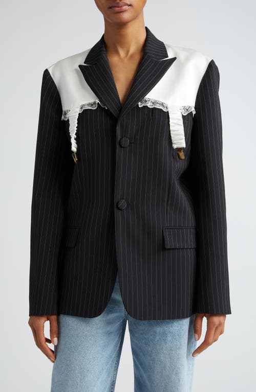 Gender Inclusive Gussie Pinstripe Garter Detail Wool Blend Blazer in Black Pinstripe