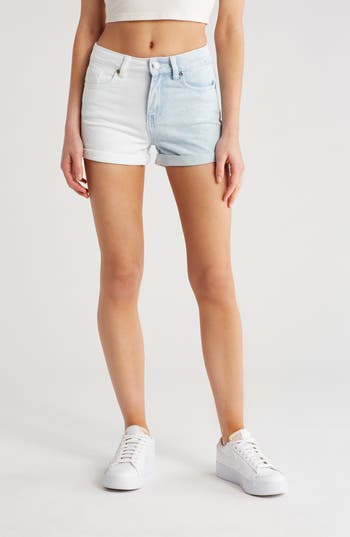Shop Flying Angel Color Split Denim Shorts In White/light Wash