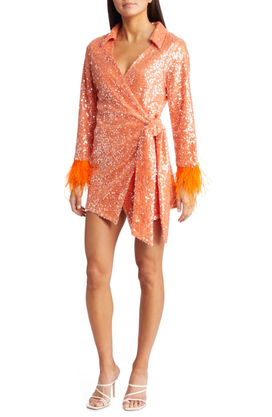 Amy Lynn Faux Feather Sequin Long Sleeve Lace Wrap Dress In Orange |  ModeSens