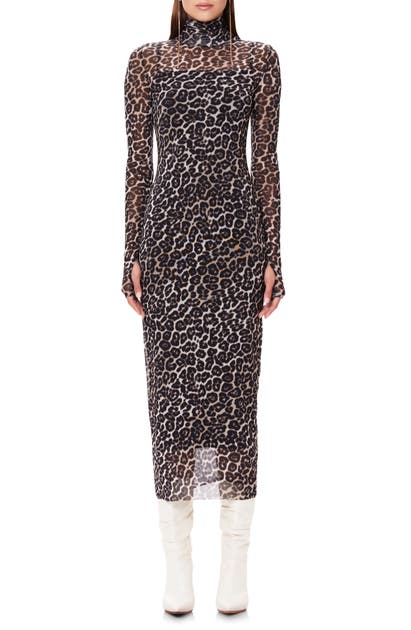 Afrm Shailene Long Sleeve Print Mesh Dress In Mini Leopard