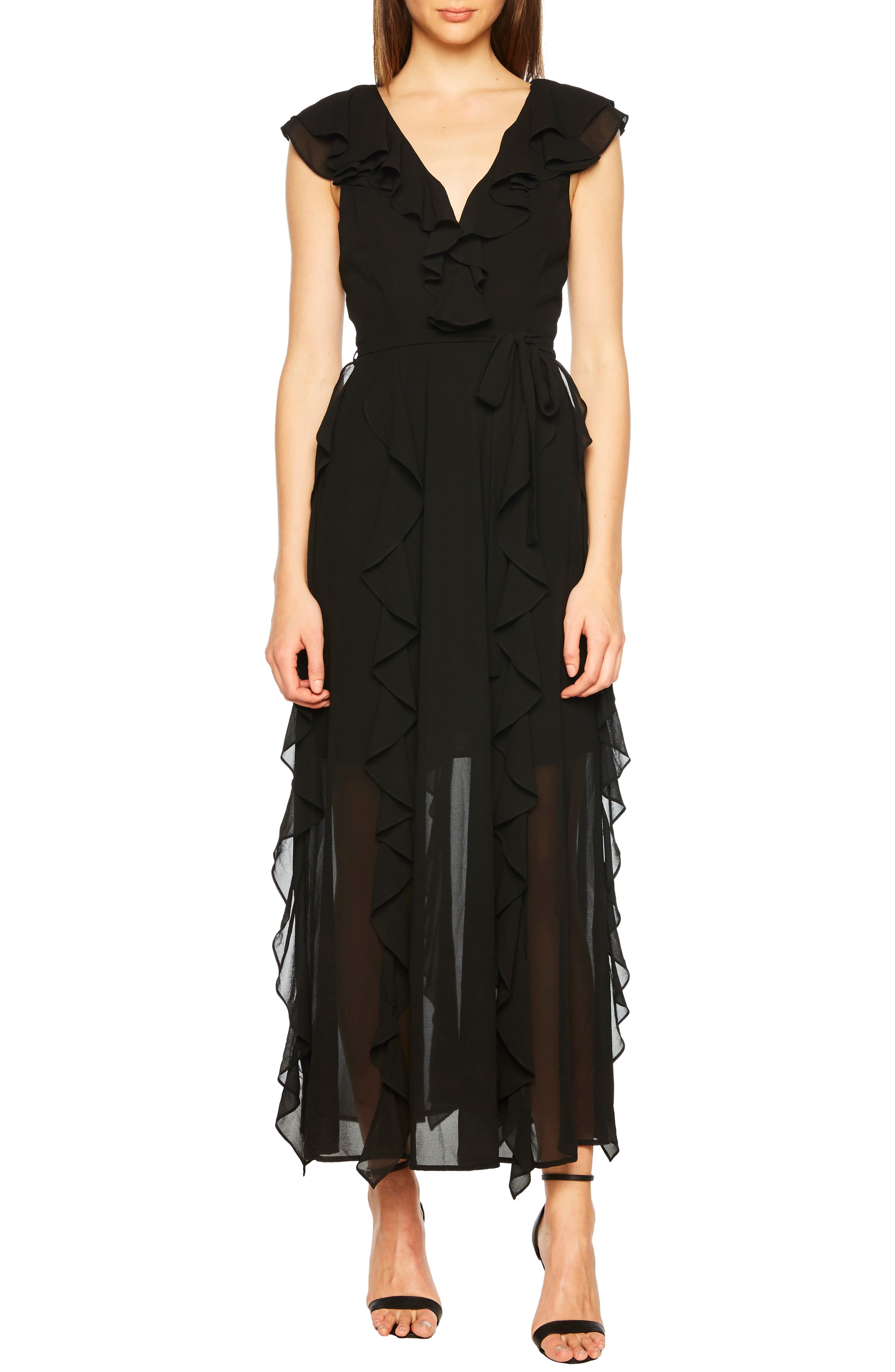 bardot frill maxi dress