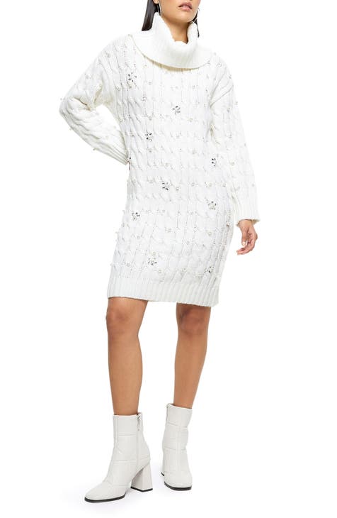 Imitation Pearl Embellished Long Sleeve Turtleneck Sweater Dress