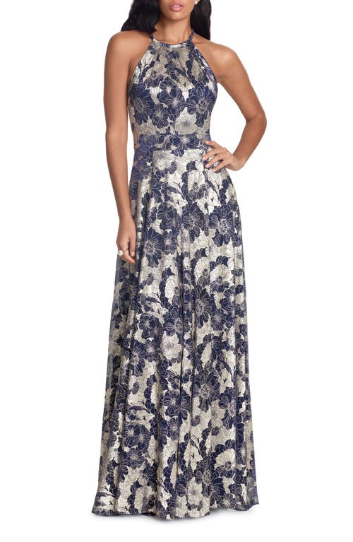 Shop Betsy & Adam Metallic Floral Halter Top Gown In Navy/gold