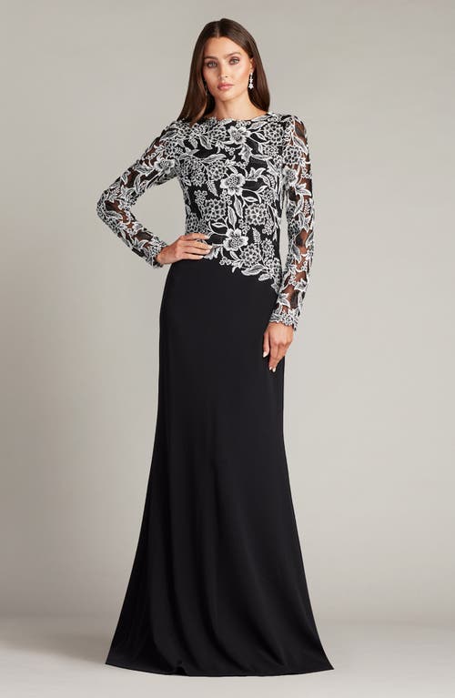 Shop Tadashi Shoji Sequin Lace Long Sleeve Crepe Gown In Ivory/black