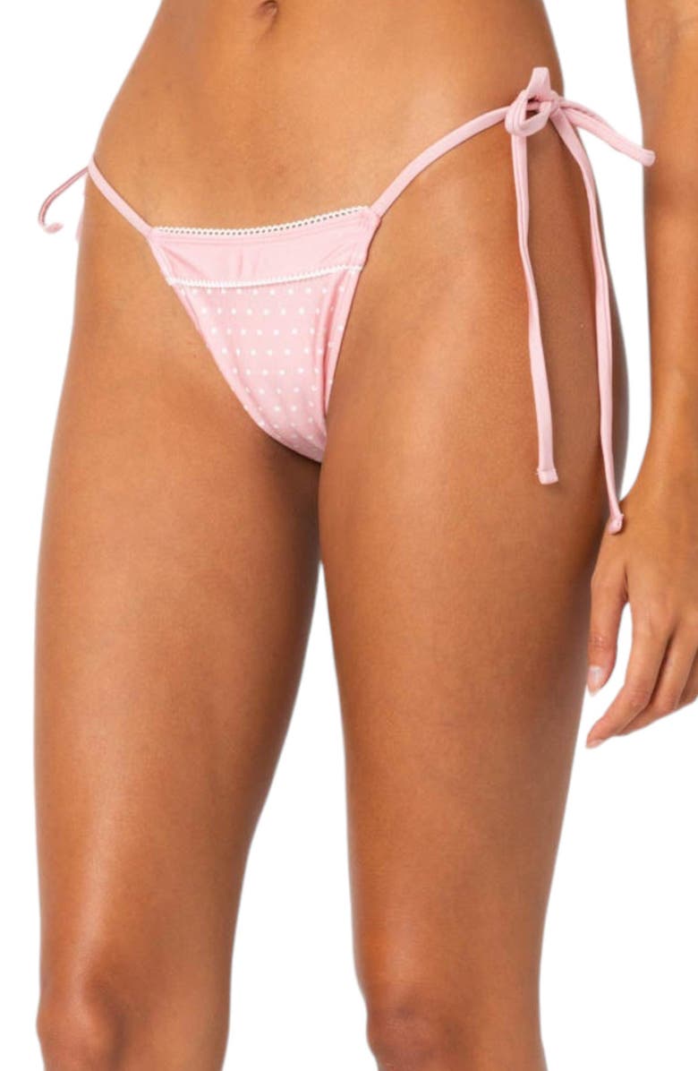 EDIKTED Contrast Dot Side Tie Bikini Bottoms, Alternate, color, Pink