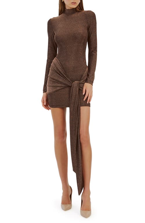 Shop Bardot Seraphina Metallic Long Sleeve Tie Front Cocktail Minidress In Bronze