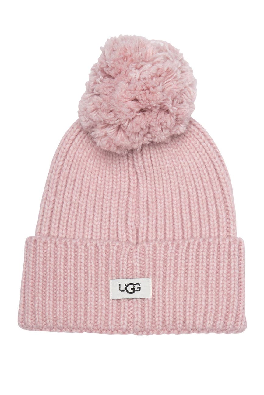 UGG Genuine Shearling Pompom Ribbed Knit Beanie Nordstrom Rack