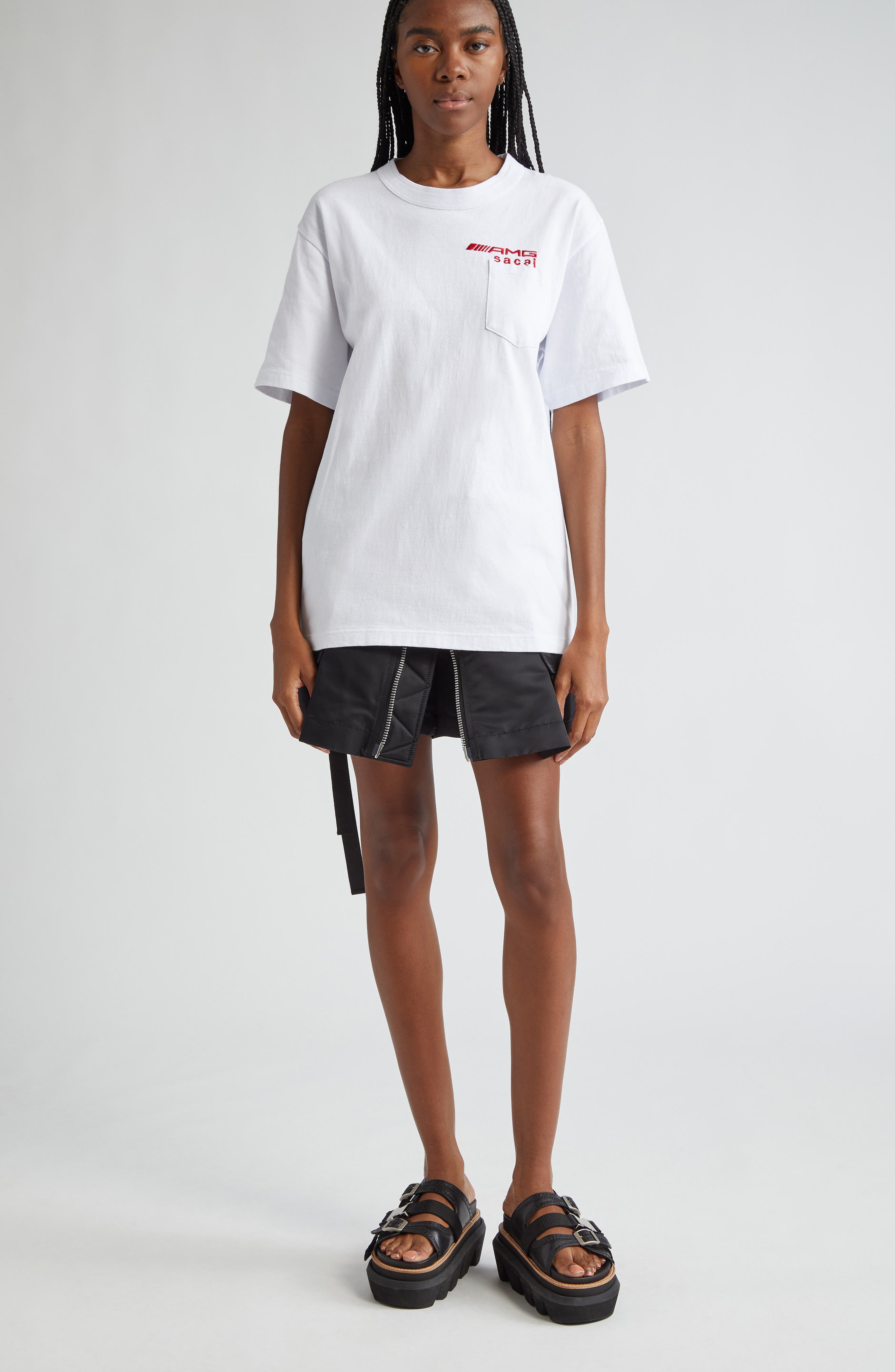 Sacai AMG Logo Embroideed Cotton Pocket T-Shirt in White | Smart
