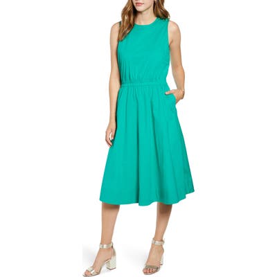 Petite 1901 Sailor Button Shoulder Stretch Cotton Poplin Dress, Green