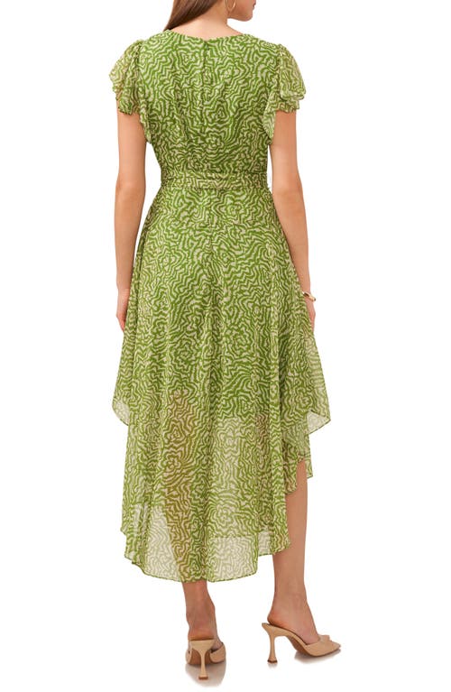 Shop Vince Camuto Maze Print Flutter Sleeve Asymmetric Hem Midi Dress In Salted Lime