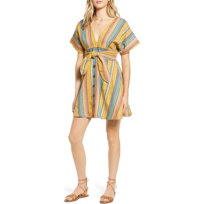 Moon River Tie Waist Stripe Minidress, Yellow