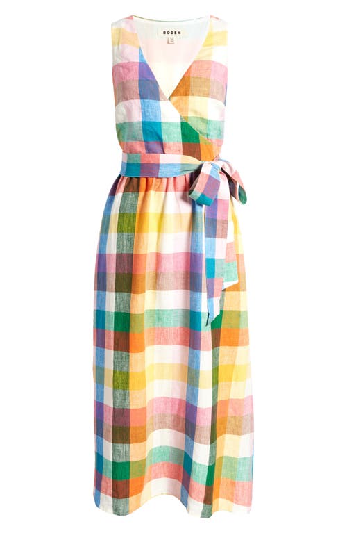 Shop Boden Linen Midi Wrap Dress In Bright Neon Multi Gingham
