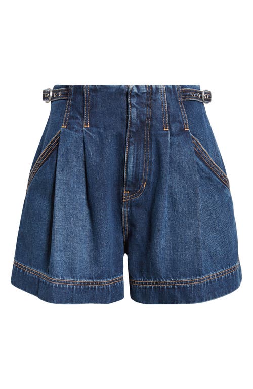 Shop Veronica Beard Jaffe Pleat Denim Shorts In Bright Blue