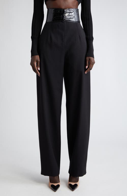 Alaia Leather Trim Belted Stretch Wool Trousers Noir at Nordstrom, Us
