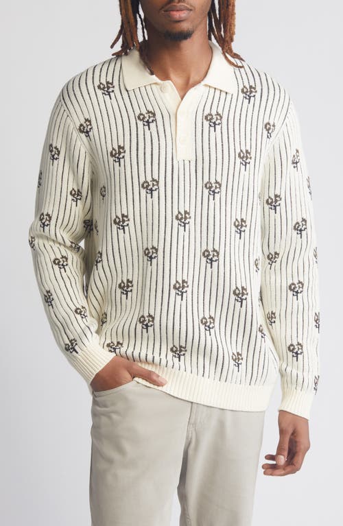 Picnic Floral Jacquard Long Sleeve Cotton Polo Sweater in Ecru