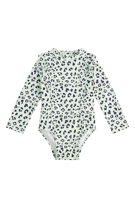 Shop Miles Baby Kids' Ruffle Long Sleeve One-piece Rashguard Swimsuit In Green Light