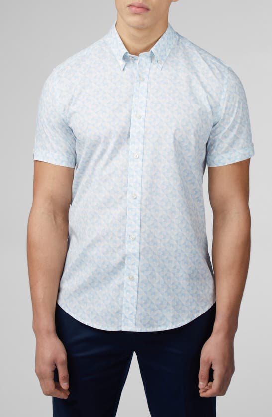 Shop Ben Sherman Optic Geo Print Short Sleeve Button-down Shirt In Snow White