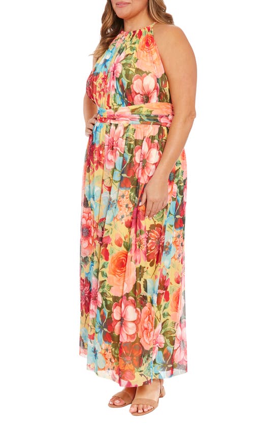 Shop London Times Floral Mesh Halter Maxi Dress In Yellow Multi