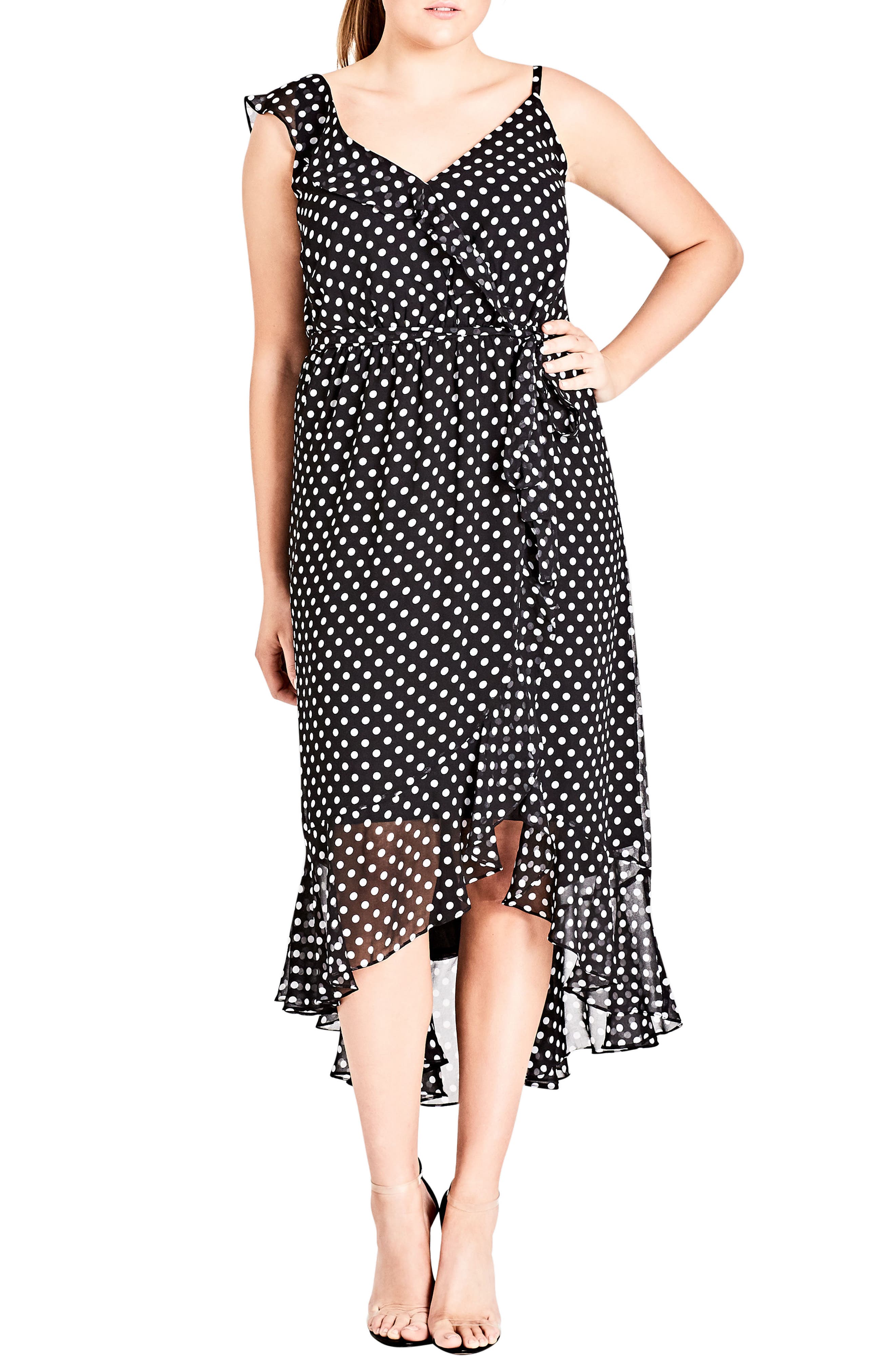 Plus Size City Chic Dot Asymmetrical Wrap Dress, Black