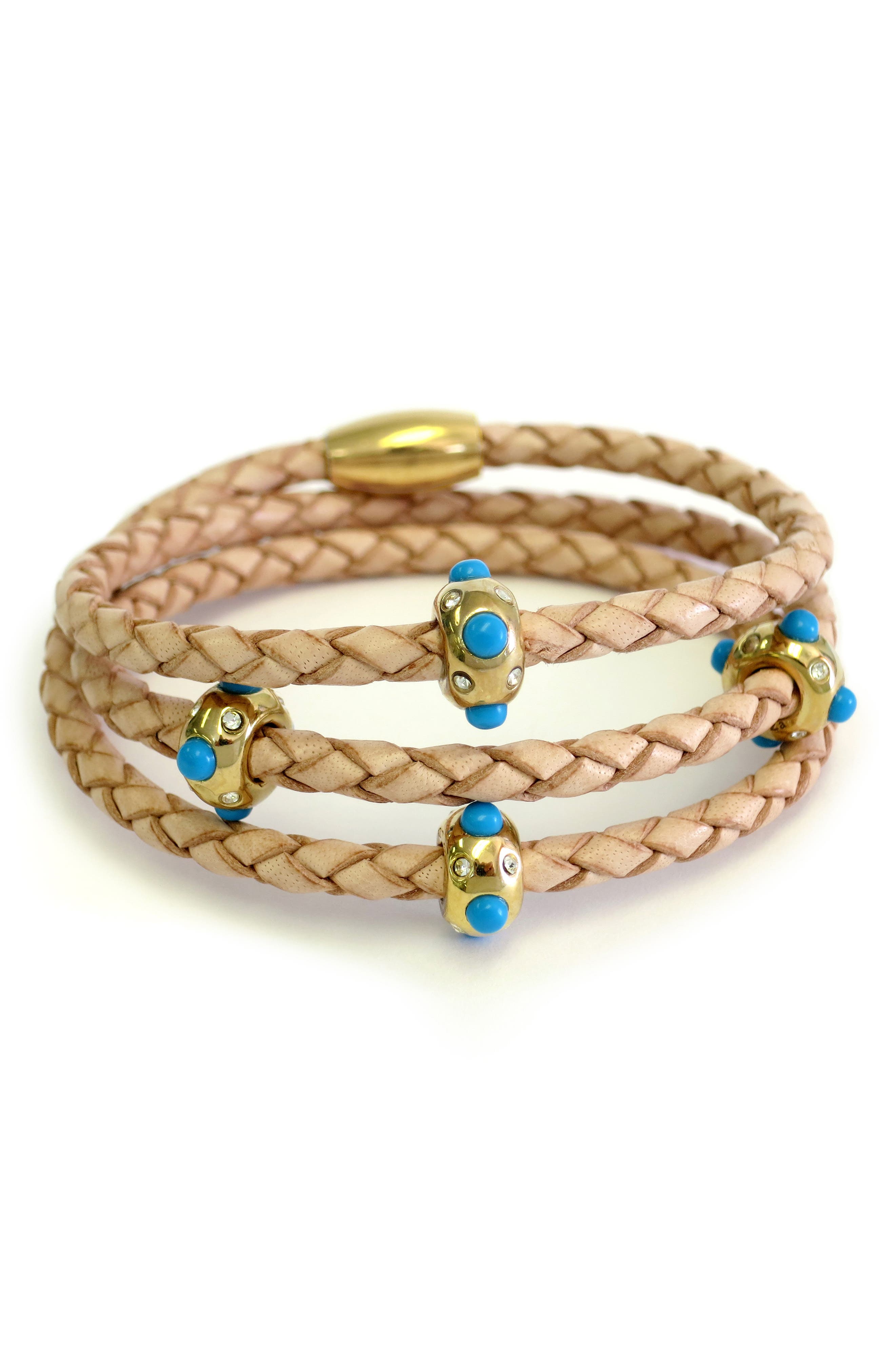 Liza Schwartz 18k Gold Plated Turquoise Braided Leather Triple Wrap Bracelet In Gold-camel