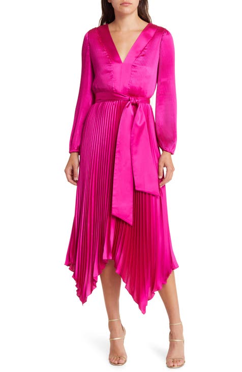 Milly Liora Long Sleeve Pleated Satin Midi Dress | Nordstrom