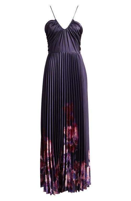 Shop Julia Jordan Placed Floral Pleated Satin Dress In Purple Multi