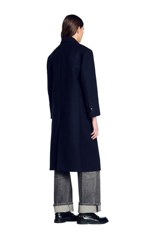 Sandro Long Wool-blend Coat In Navy Blue