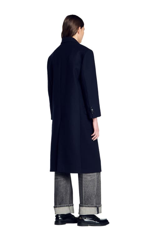 Shop Sandro Long Wool-blend Coat In Navy Blue