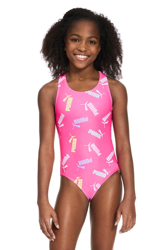 Shop Puma Kids' Crossback One-piece Swimsuit In Neon Pink