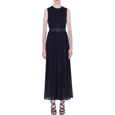 Akris Belted Metallic Plaid Wool Blend Maxi Dress, Black