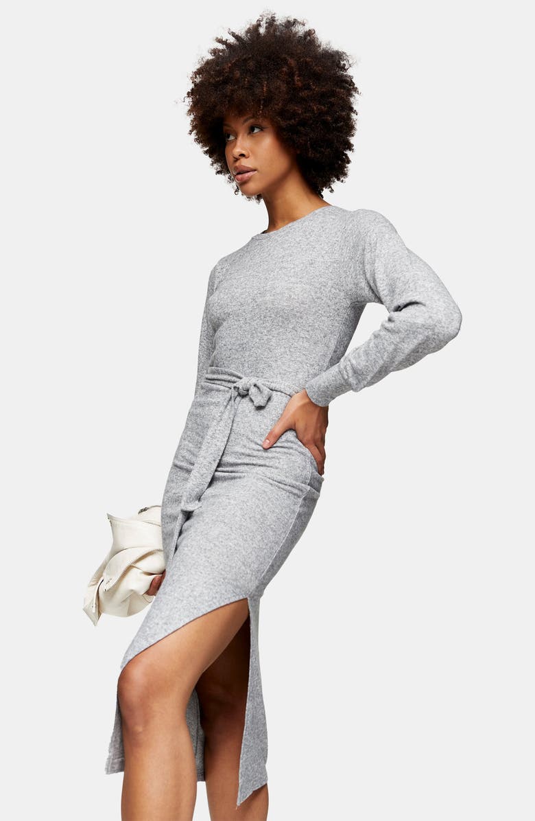 TOPSHOP Long Sleeve Knit Midi Dress, Alternate, color, GREY