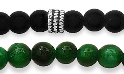 Hmy Jewelry Set Of 2 Sterling Silver Jade & Lava Stone Beaded Stretch Bracelets In Silver/green/black