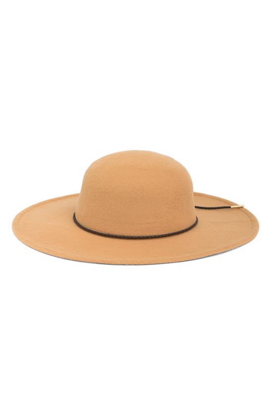 Nine West Faux Suede Vegan Leather Braided Tie Floppy Hat In Camel