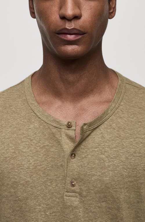 Shop Mango Slim Fit Linen Blend Henley In Khaki Green