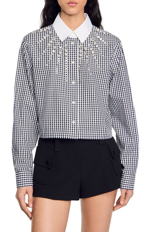 Shop Sandro Cropped Shirt With Rhinestone Bib In Black