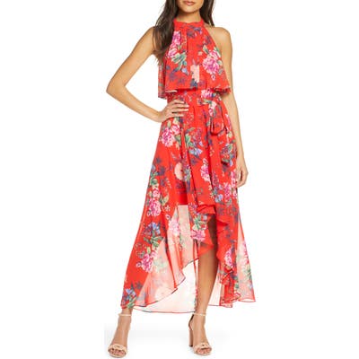 Petite Eliza J Popover Halter High/low Chiffon Maxi Dress, Red