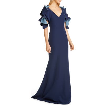 Badgley Mischka Origami Sleeve Trumpet Gown, Blue