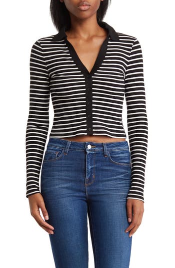 Shop Elodie Stripe Stretch Cotton Open Collar Button Top In Black/white Stripe