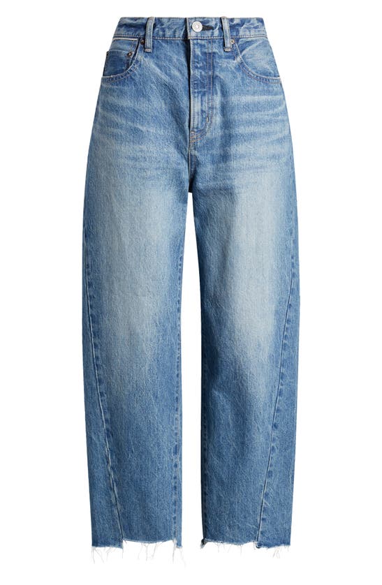 Shop Moussy Cloverhill Step Hem High Waist Crop Barrel Jeans In Light Blue