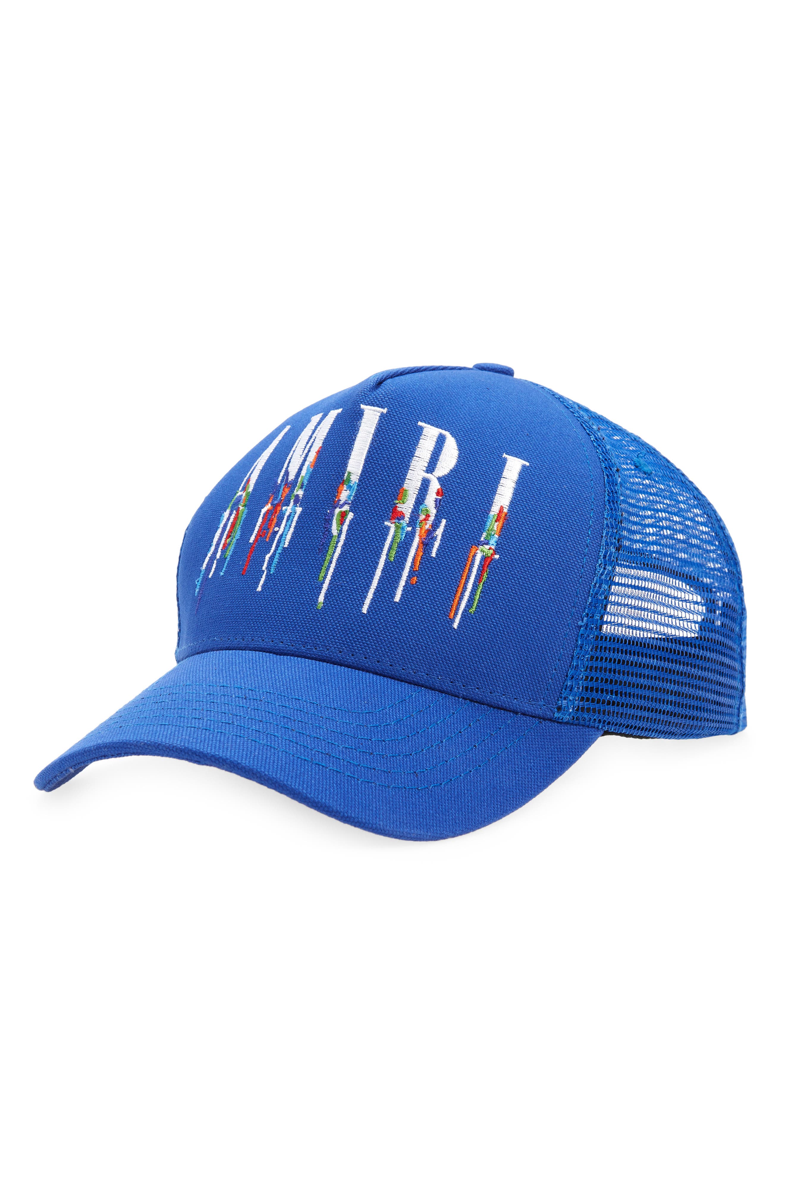 AMIRI Paint Drip Embroidered Logo Trucker Hat in Princess Blue at Nordstrom